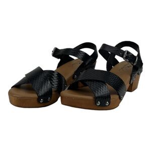 New Patricia Nash Women US 10  Black Leather Sandals  Gigi Wood Shoes